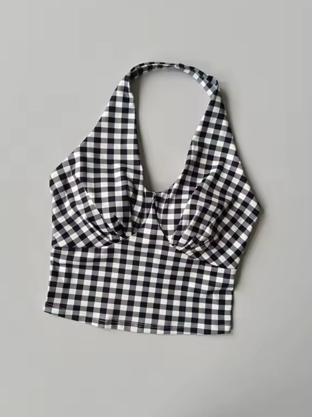Black & White Gingham Halter Crop Top - Classic Check Print
